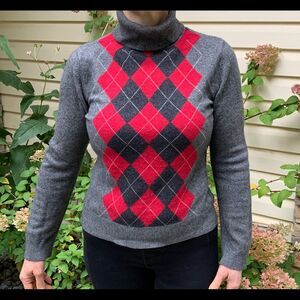 Apt 9 Vintage 100% Cashmere Argyle Turtleneck Sweater Gray Charcoal Red Size S